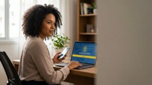 Mulher brasileira usando laptop em casa para acessar a plataforma Escola Virtual Gov Br