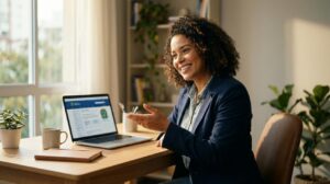 Mulher brasileira sentada em mesa em casa usando laptop que mostra a página da Escola Virtual Gov Br com emblema do governo