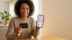 Mulher brasileira sorrindo segurando cartão de crédito e celular, cartão preto com pequeno símbolo laranja sem texto, cena em casa com luz natural