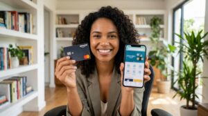 Mulher brasileira segurando cartão Amazon Prime Mastercard e smartphone com o app da Amazon, sorrindo em ambiente claro e moderno