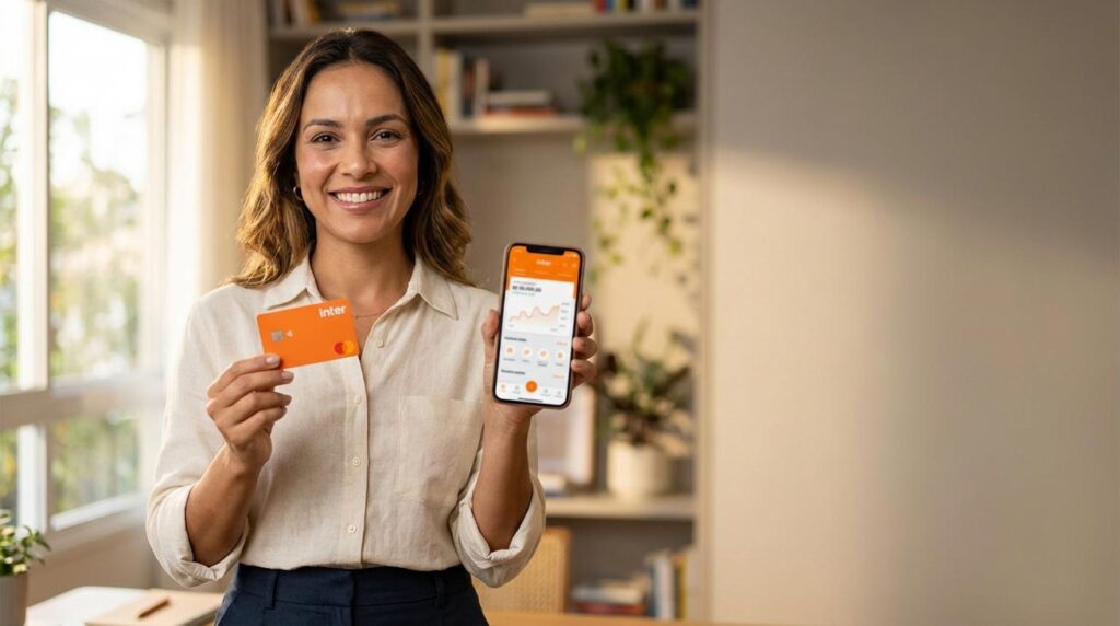 Mulher brasileira segurando cartão de crédito Inter e celular com o app do banco visível, sorrindo em casa para mostrar como pedir e usar o cartão