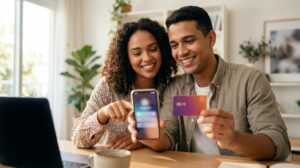 Homem e mulher brasileiros sorrindo enquanto usam o celular para pedir um cartão de crédito, com um cartão roxo em destaque
