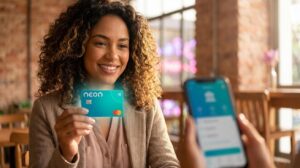 Mulher brasileira segura cartão de crédito Neon e celular com app do banco desfocado em um ambiente moderno