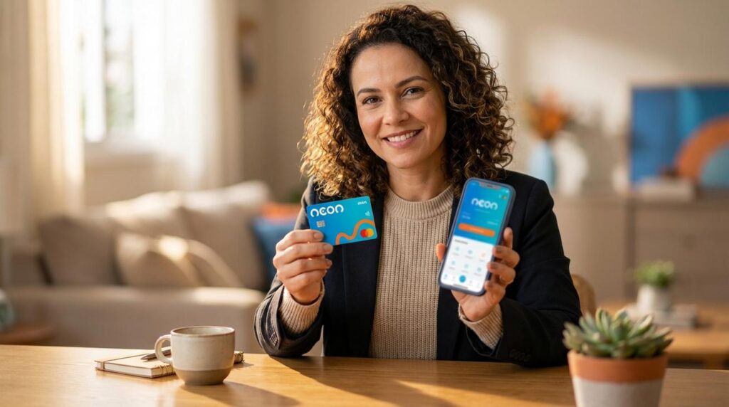 Mulher brasileira segurando cartão Neon e celular com o app Neon em uma mesa em casa, mostrando controle prático das finanças