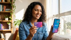 Mulher brasileira segurando um celular com o app Neon na tela e um cartão Neon na outra mão, sorrindo em um ambiente claro