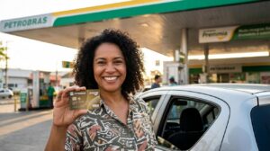 Mulher brasileira segurando cartão Petrobras Premmia Visa ao lado de bomba de combustível em posto Petrobras