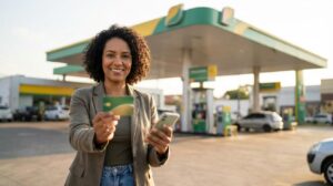 Mulher brasileira segurando cartão e celular em frente a um posto Petrobras com cores verdes e amarelas, mostrando o pedido online e economia no abastecimento