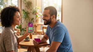 Mulher e homem brasileiros seguram um smartphone com a tela do app PicPay desfocada e um cartão de crédito magenta sem texto, mostrando de forma simples como pedir e usar o cartão