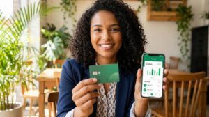 Mulher brasileira segurando cartão de crédito verde e celular com tela de aplicativo em verde, sorriso confiante