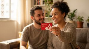 Mulher brasileira mostrando o cartão Santander Free na mão com um homem brasileiro ao lado, ambos sorrindo em um ambiente claro de casa