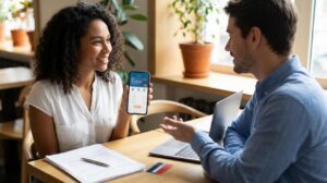 Mulher brasileira segurando smartphone mostrando app bancário enquanto conversa com atendente homem sobre empréstimo do Banco PAN