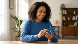 Mulher brasileira segurando smartphone com o app do Mercado Pago visível e tocando para solicitar um empréstimo, com expressão confiante em ambiente interno iluminado