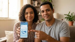 Mulher brasileira segurando celular com a tela do Mercado Pago mostrando oferta de empréstimo, homem brasileiro ao lado apontando para a tela, ambos com expressão confiante