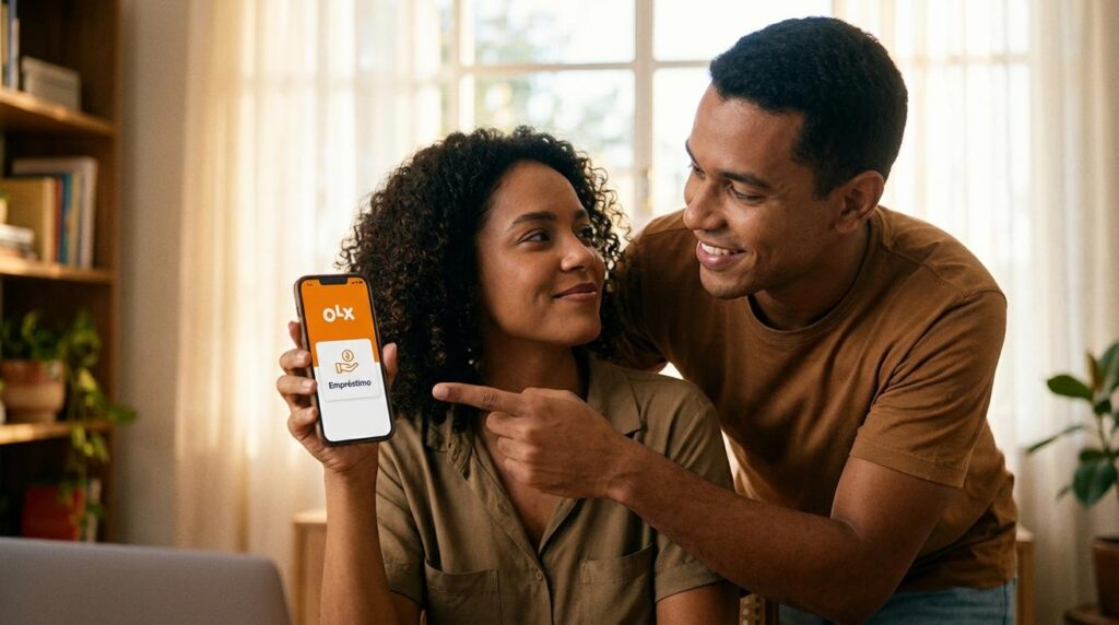 Uma mulher e um homem com aparência brasileira olhando para um smartphone que mostra o app da OLX enquanto discutem um pedido de empréstimo
