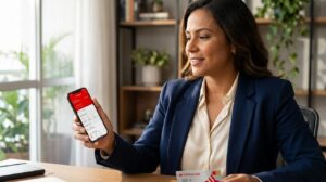 Mulher segurando um celular com o app do Santander aberto, em casa, olhando confiante