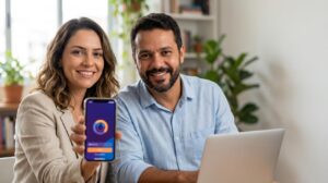 Mulher brasileira segura smartphone mostrando o app SuperSim sem texto enquanto homem brasileiro olha o laptop ao lado