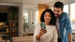 Homem e mulher brasileiros em casa olhando para celular que mostra o app SuperSim sem texto, com expressão de alívio e confiança