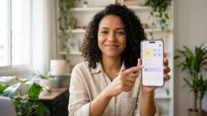 Mulher brasileira segurando celular com a tela do app Jeitto borrada enquanto solicita um empréstimo pelo celular