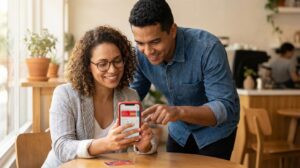 Mulher brasileira segurando um smartphone com aplicativo bancário desfocado e homem brasileiro apontando para a tela em um ambiente claro, ambos com expressão confiante