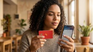 Mulher segurando um cartão Santander Free vermelho e olhando para o celular com o app do banco, expressão confiante