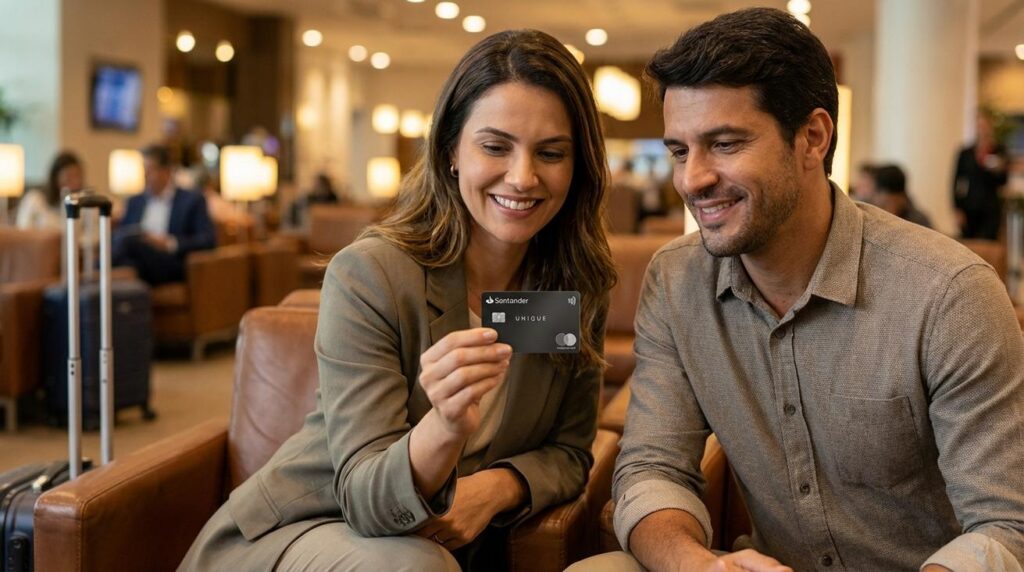 Homem e mulher com aparência brasileira em lounge de aeroporto, mulher segurando cartão Santander Unique vermelho próximo à câmera