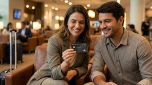 Homem e mulher com aparência brasileira em lounge de aeroporto, mulher segurando cartão Santander Unique vermelho próximo à câmera