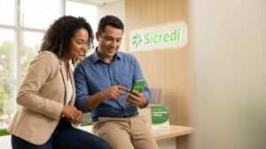Mulher brasileira mostrando o aplicativo Sicredi no celular enquanto conversa com um atendente homem na agência sobre solicitar crédito pessoal