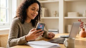 Mulher brasileira usando smartphone e laptop enquanto organiza documentos para solicitar empréstimo Creditas