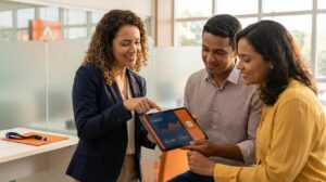 Mulher atendente e um homem e uma mulher clientes em agência do Banco PAN olhando uma simulação de empréstimo em um tablet, rostos com traços brasileiros, ambiente profissional sem texto visível
